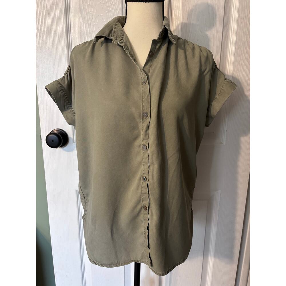 Quince Blouse Women's XS Short Cap Sleeve Button Down Front Green TENCEL Lyocell